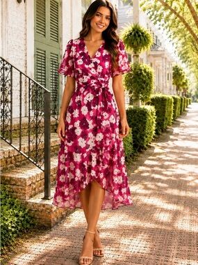 Tanya Taylor Blaire Floral Wrap Midi Dress Magenta Size 2 MSRP $545
